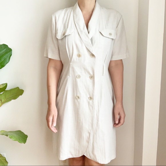 Vintage Dresses & Skirts - Vtg Linen Blend Dress Midi Beige Short Sleeves 8